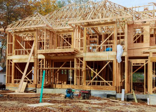 The house is new in wood roofing Single Family Home Construction - Building a New Wood Framed House